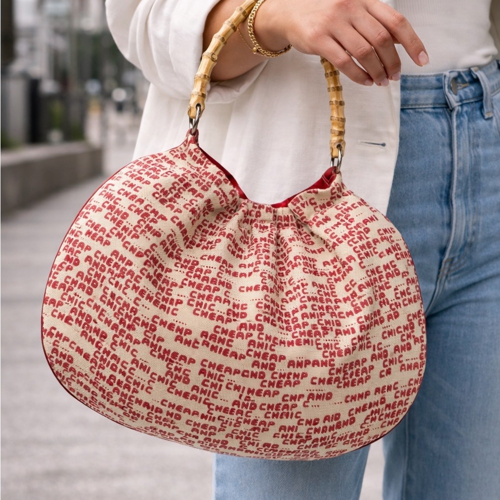Moschino cheap and chic Red Script Print Bamboo-Handle Hobo Bag purse handbag